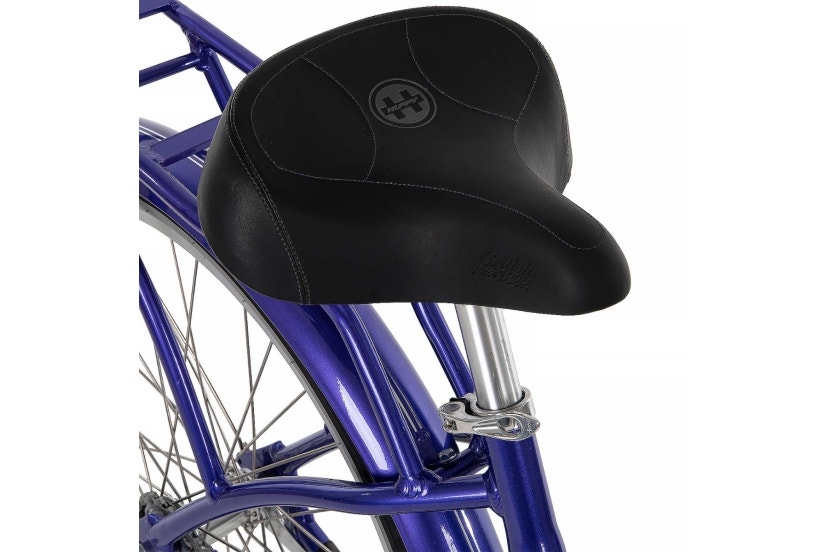 Black saddle on the 26-inch women's Sanford cruiser bike in Lilac Fade

