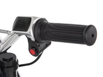 Close-up of the Huffy CR8-R Mini Bike’s twist-grip throttle, push-button start, and LED display on the handlebars. Close-up of the Huffy CR8-R Mini Bike’s twist-grip throttle, push-button start, and LED display on the handlebars.
