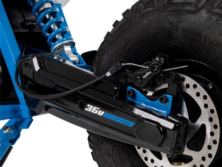 Close-up of the 36V lithium-ion battery and rear hub motor on the CR8-R Mini Bike, showcasing its sleek design and power. Close-up of the 36V lithium-ion battery and rear hub motor on the CR8-R Mini Bike, showcasing its sleek design and power.