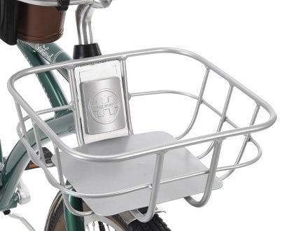 Close-up of a sturdy silver front basket attached to the Huffy Sanford Men’s Cruiser Bike, showcasing its durable steel construction. Close-up of a sturdy silver front basket attached to the Huffy Sanford Men’s Cruiser Bike, showcasing its durable steel construction.