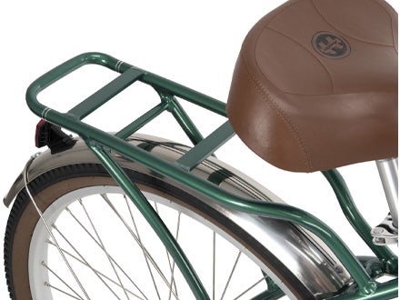 Close-up of rear rack on Huffy Sanford Cruiser Bike with a glossy green frame and comfortable brown saddle Close-up of rear rack on Huffy Sanford Cruiser Bike with a glossy green frame and comfortable brown saddle