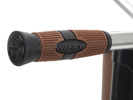 Close-up of textured brown and black hand grips on Huffy Sanford Cruiser Bike handlebars Close-up of textured brown and black hand grips on Huffy Sanford Cruiser Bike handlebars