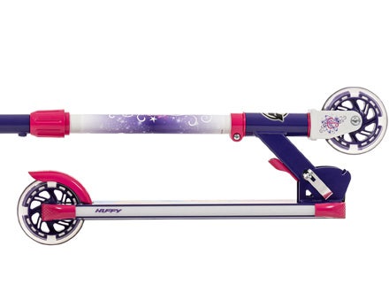 Side view of the foldable frame on the Huffy Disney Princess LED Inline Scooter, Purple.