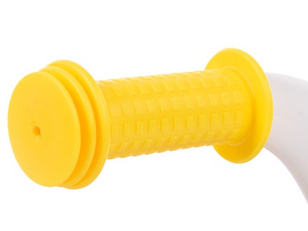 Yellow textured handlebar grip on a Minnie Mouse trike, showcasing kid-friendly design and comfort. Yellow textured handlebar grip on a Minnie Mouse trike, showcasing kid-friendly design and comfort.