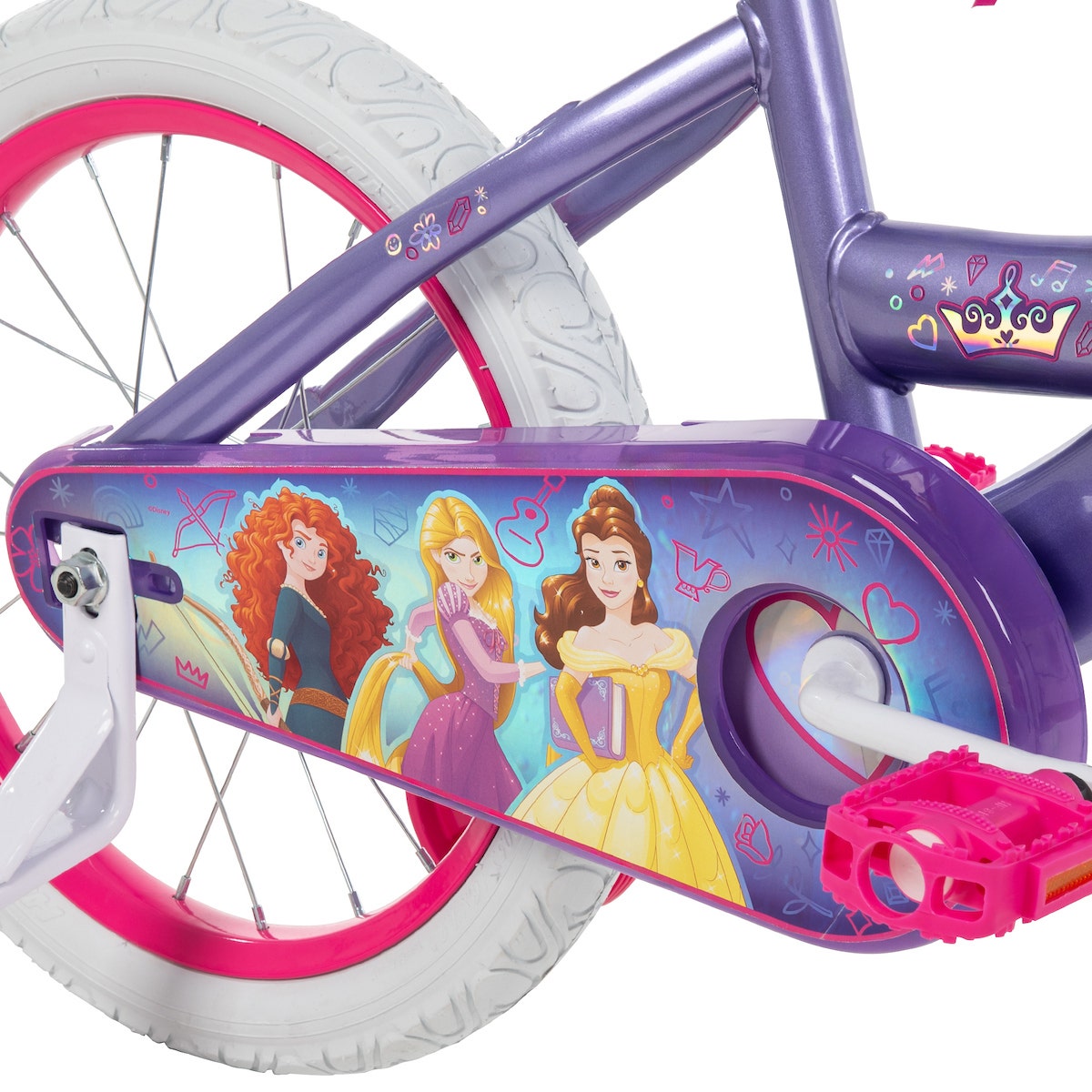 Purple chain guard with Disney Princess characters Merida, Rapunzel, and Belle on a child’s bike. Purple chain guard with Disney Princess characters Merida, Rapunzel, and Belle on a child’s bike.