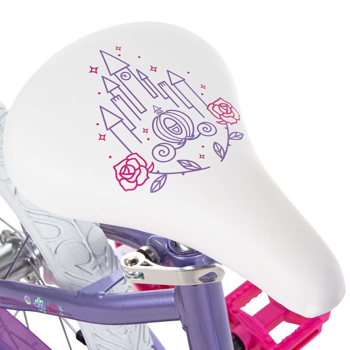 White kids’ bike seat with purple and pink princess-themed graphics including a castle, roses, and a carriage. White kids’ bike seat with purple and pink princess-themed graphics including a castle, roses, and a carriage.