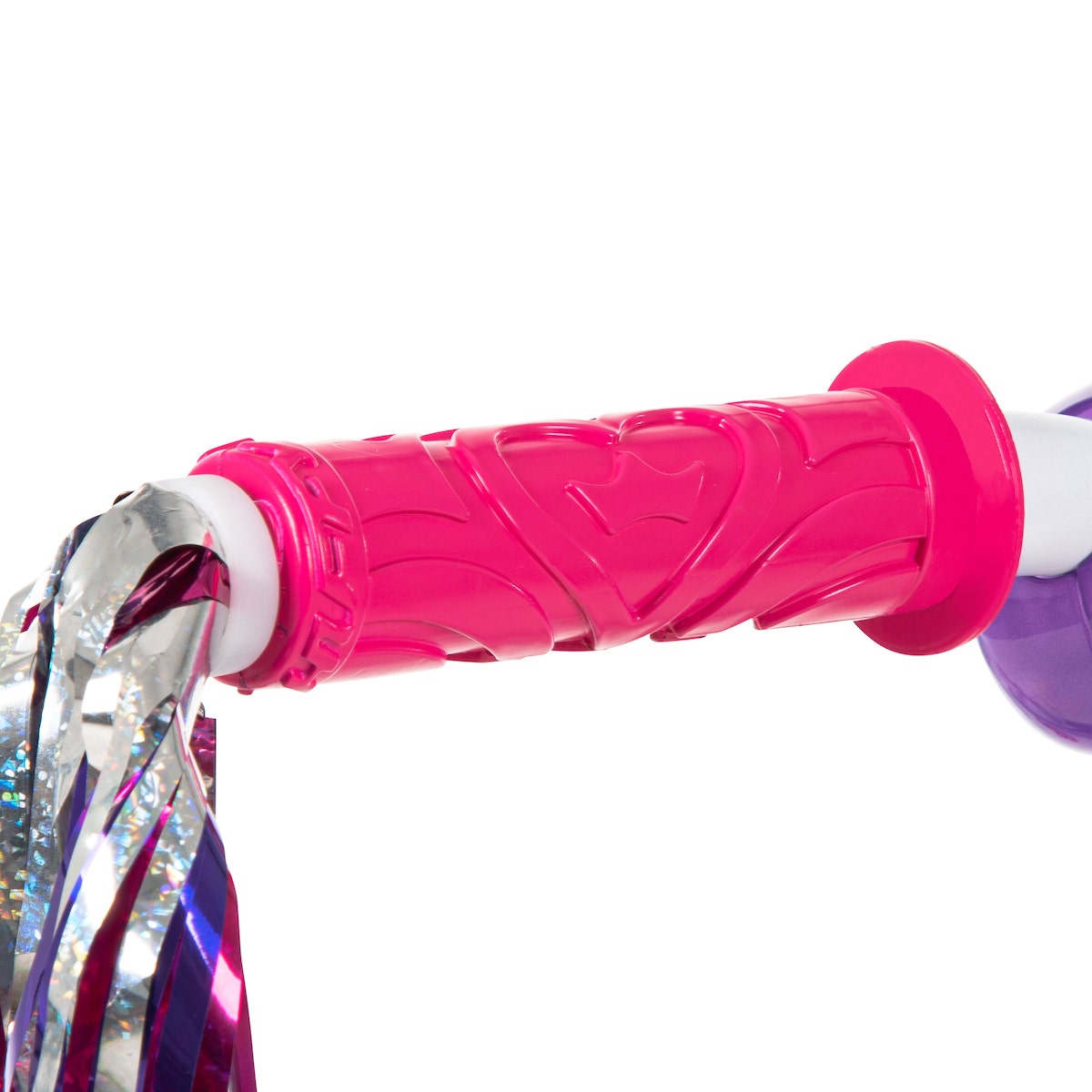 Close-up of a pink kids’ bike handlebar grip with embossed crown and heart patterns, and attached shiny multicolored streamers. Close-up of a pink kids’ bike handlebar grip with embossed crown and heart patterns, and attached shiny multicolored streamers.