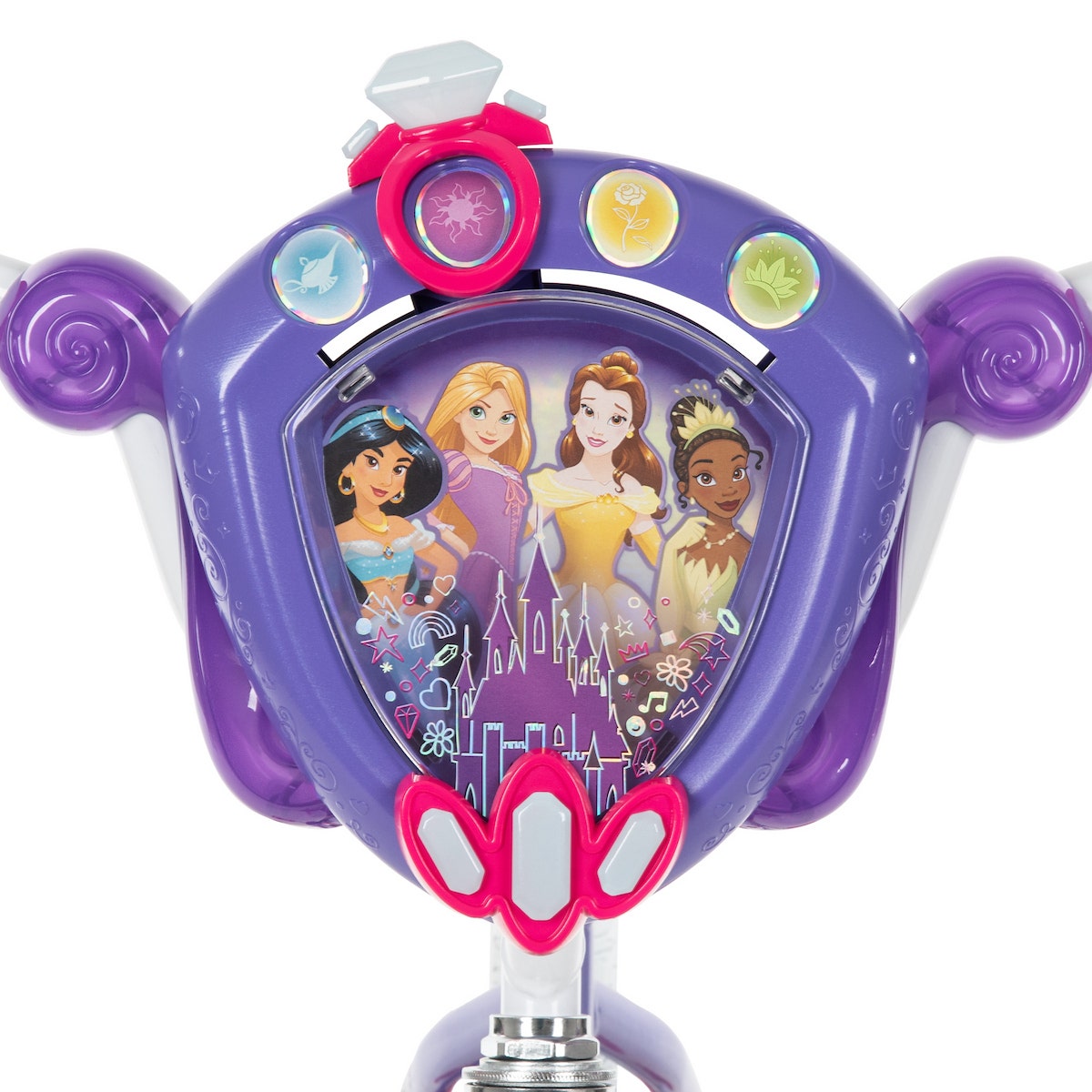 Close-up of purple handlebar display with Disney Princess characters and castle artwork on a child’s bike or scooter. Close-up of purple handlebar display with Disney Princess characters and castle artwork on a child’s bike or scooter.
