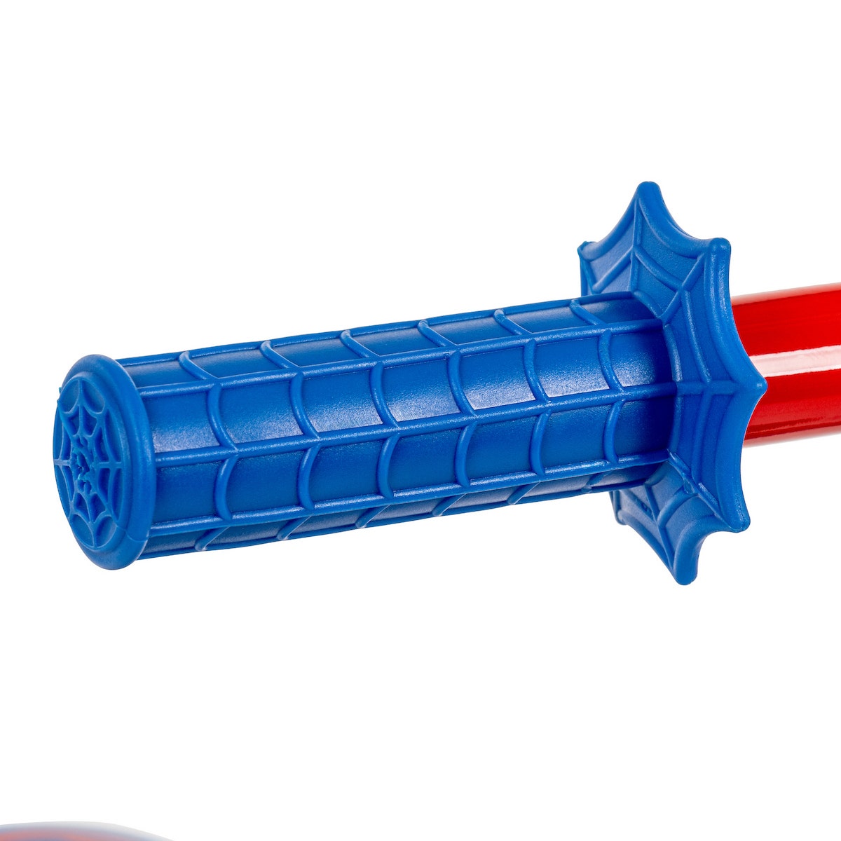 Close-up of a blue Spidey-themed handlebar grip with molded web pattern and spiderweb detail on the end. Close-up of a blue Spidey-themed handlebar grip with molded web pattern and spiderweb detail on the end.