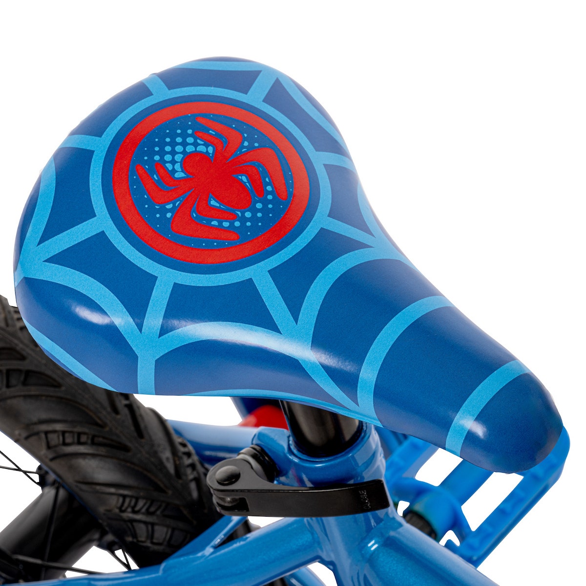 Close-up of a blue bike saddle with spider emblem and web pattern in red and blue. Close-up of a blue bike saddle with spider emblem and web pattern in red and blue.