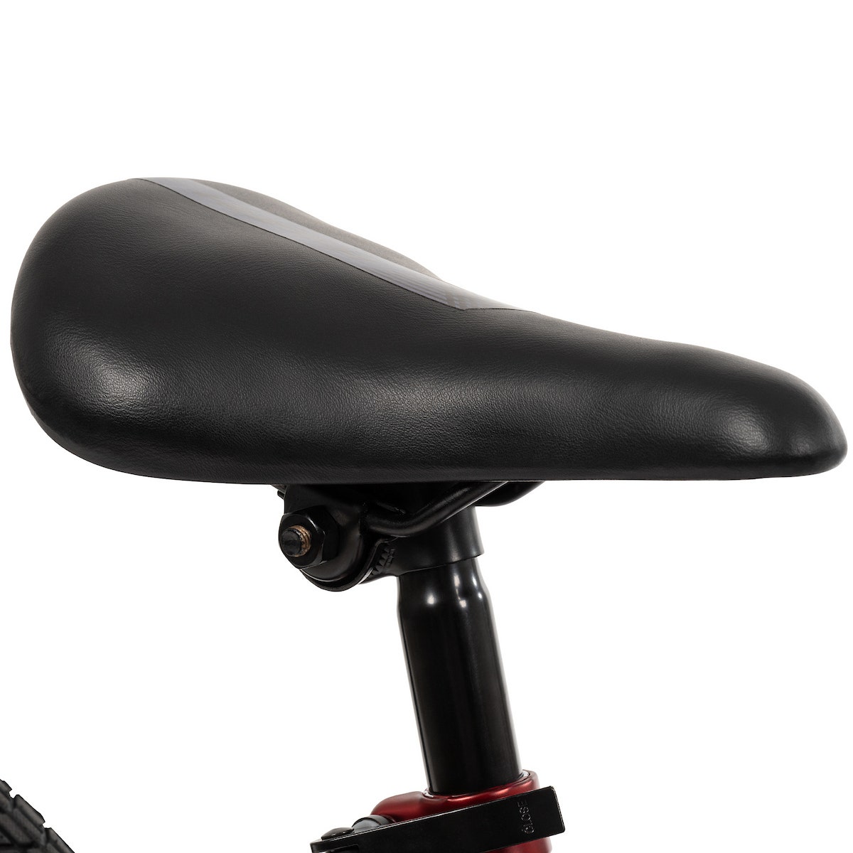 Side view of a black padded BMX bike saddle with a streamlined, sporty design. Side view of a black padded BMX bike saddle with a streamlined, sporty design.
