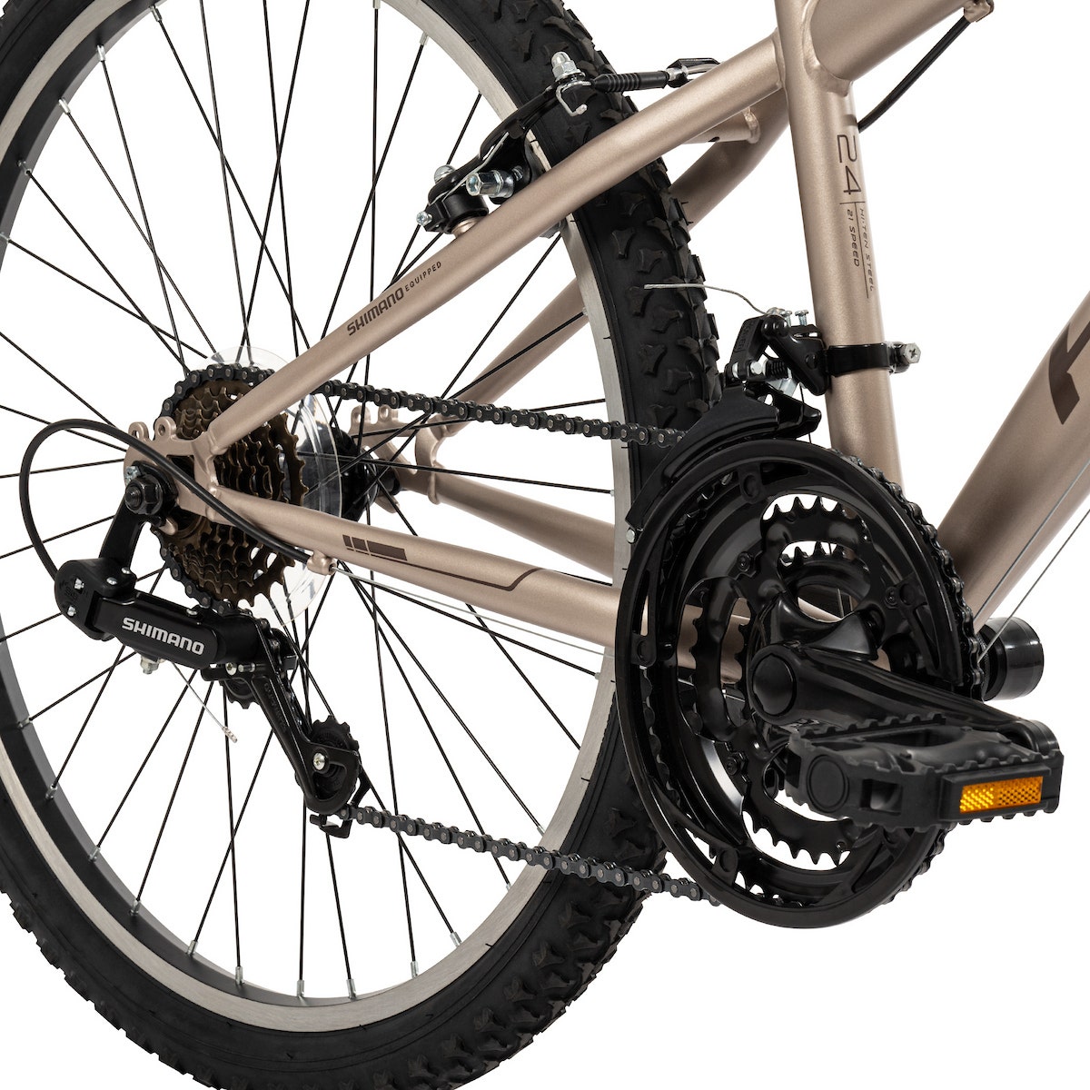 Close-up of a mountain bike drivetrain with Shimano derailleur and 3x6 gear setup. Close-up of a mountain bike drivetrain with Shimano derailleur and 3x6 gear setup.