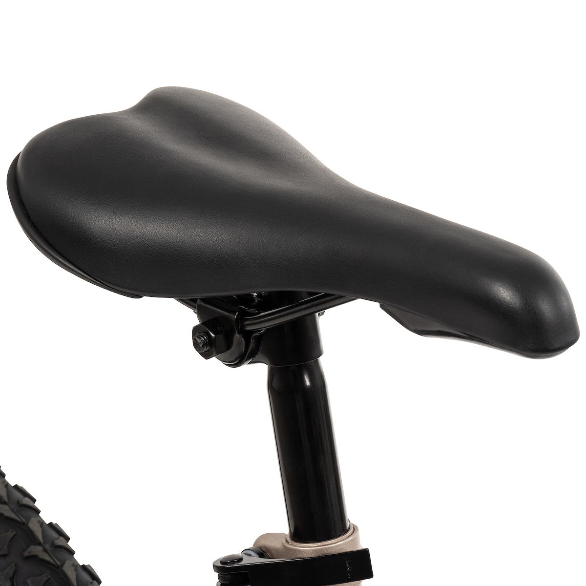 Side view of a black mountain bike saddle on a Huffy Incline bike, highlighting its ergonomic design. Side view of a black mountain bike saddle on a Huffy Incline bike, highlighting its ergonomic design.