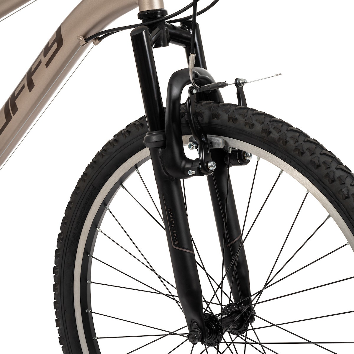 Close-up of a mountain bike front suspension fork and knobby tire. Close-up of a mountain bike front suspension fork and knobby tire.