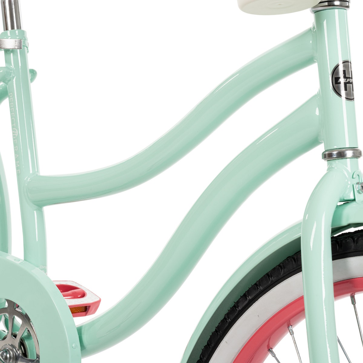 Close-up of a mint green cruiser bike frame with flowing lines and soft curves, highlighting the smooth, stylish silhouette. Close-up of a mint green cruiser bike frame with flowing lines and soft curves, highlighting the smooth, stylish silhouette.