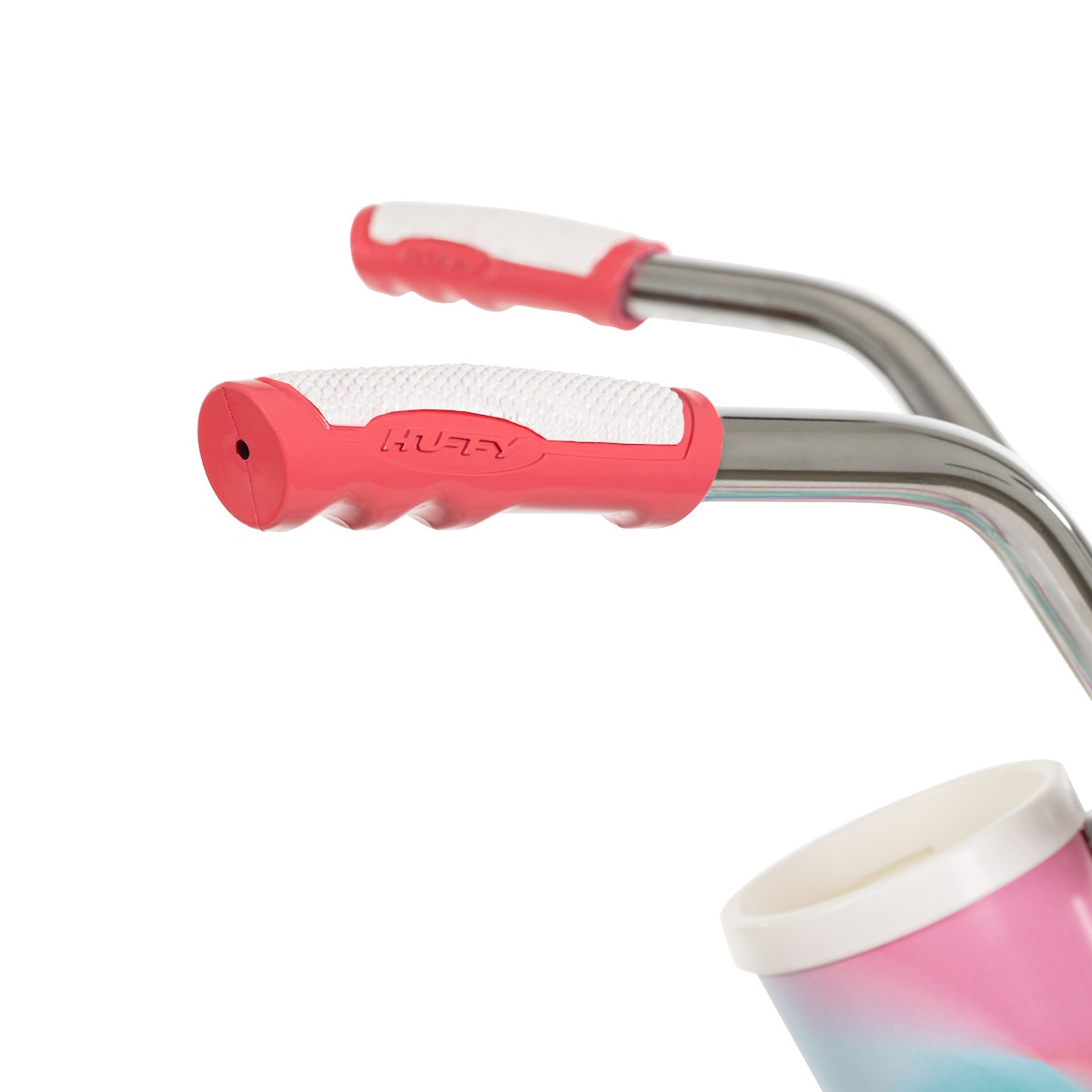 Close-up of pink and white cruiser bike handlebar grips with chrome handlebars, designed for comfort and style. Close-up of pink and white cruiser bike handlebar grips with chrome handlebars, designed for comfort and style.