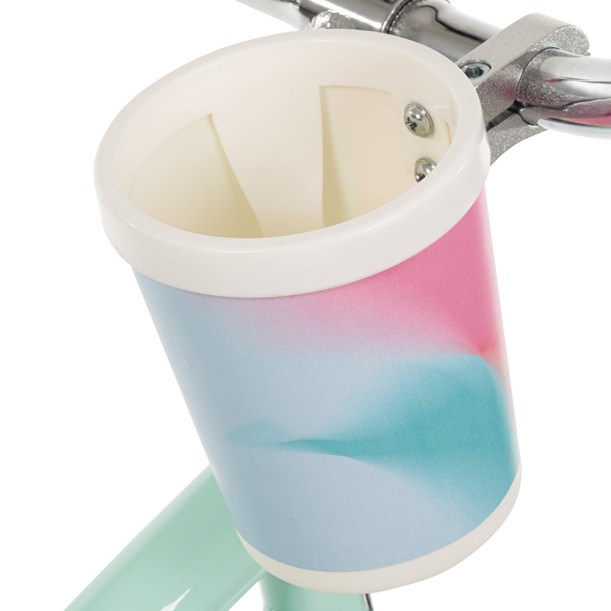 Close-up of a pastel pink, blue, and white bike cupholder mounted to the handlebars, designed to hold beverages during rides. Close-up of a pastel pink, blue, and white bike cupholder mounted to the handlebars, designed to hold beverages during rides.