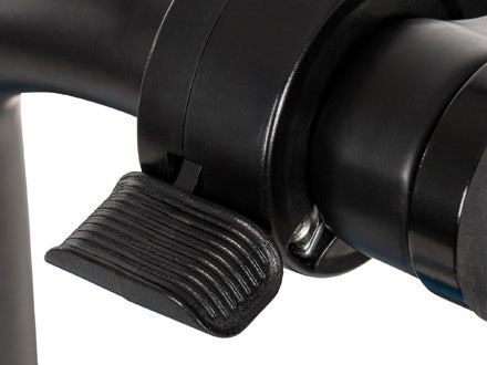 Close-up of the Huffy eThunder Road Electric Bike’s throttle, providing Class 2 electric capabilities with pedal assist and throttle control. Close-up of the Huffy eThunder Road Electric Bike’s throttle, providing Class 2 electric capabilities with pedal assist and throttle control.