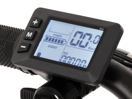 Close-up of the Huffy eThunder Road Electric Bike’s LCD display with speed, battery level, and assist mode indicators. Close-up of the Huffy eThunder Road Electric Bike’s LCD display with speed, battery level, and assist mode indicators.
